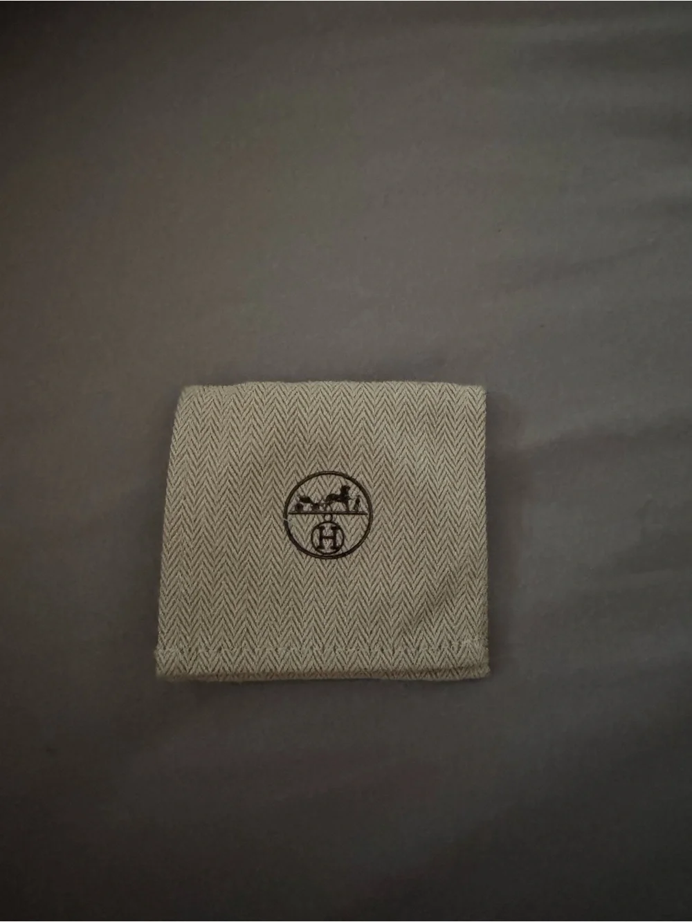 Hermes Beige Herringbone Pocket Square with Embroidered Logo